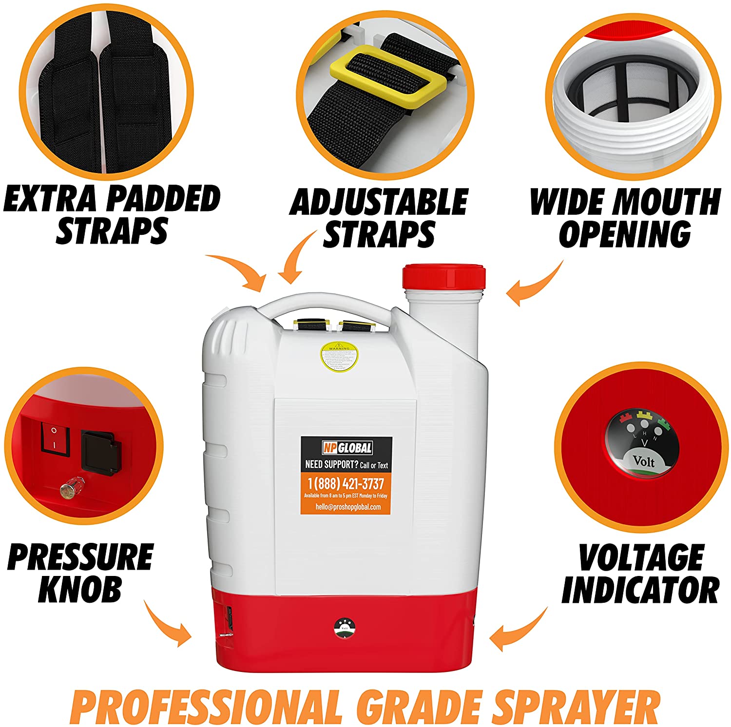 Professional Grade Sprayer features overview — extra padded straps, adjustable straps, wide mouth opening, pressure knob and voltage indicator