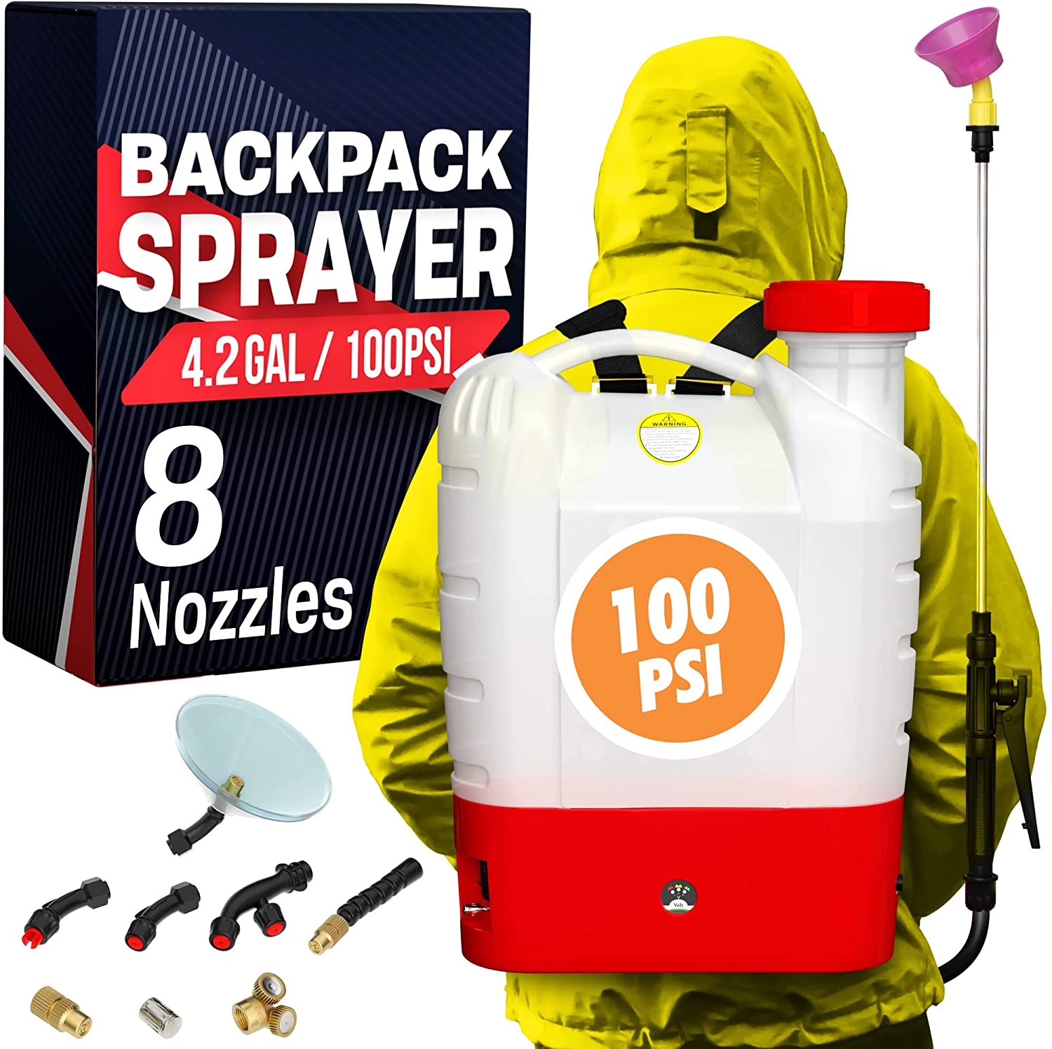 NPGLOBAL 4.2-gallon, 100 PSI battery-powered backpack sprayer worn over yellow protective suit — shown with the retail box and 8 included nozzles